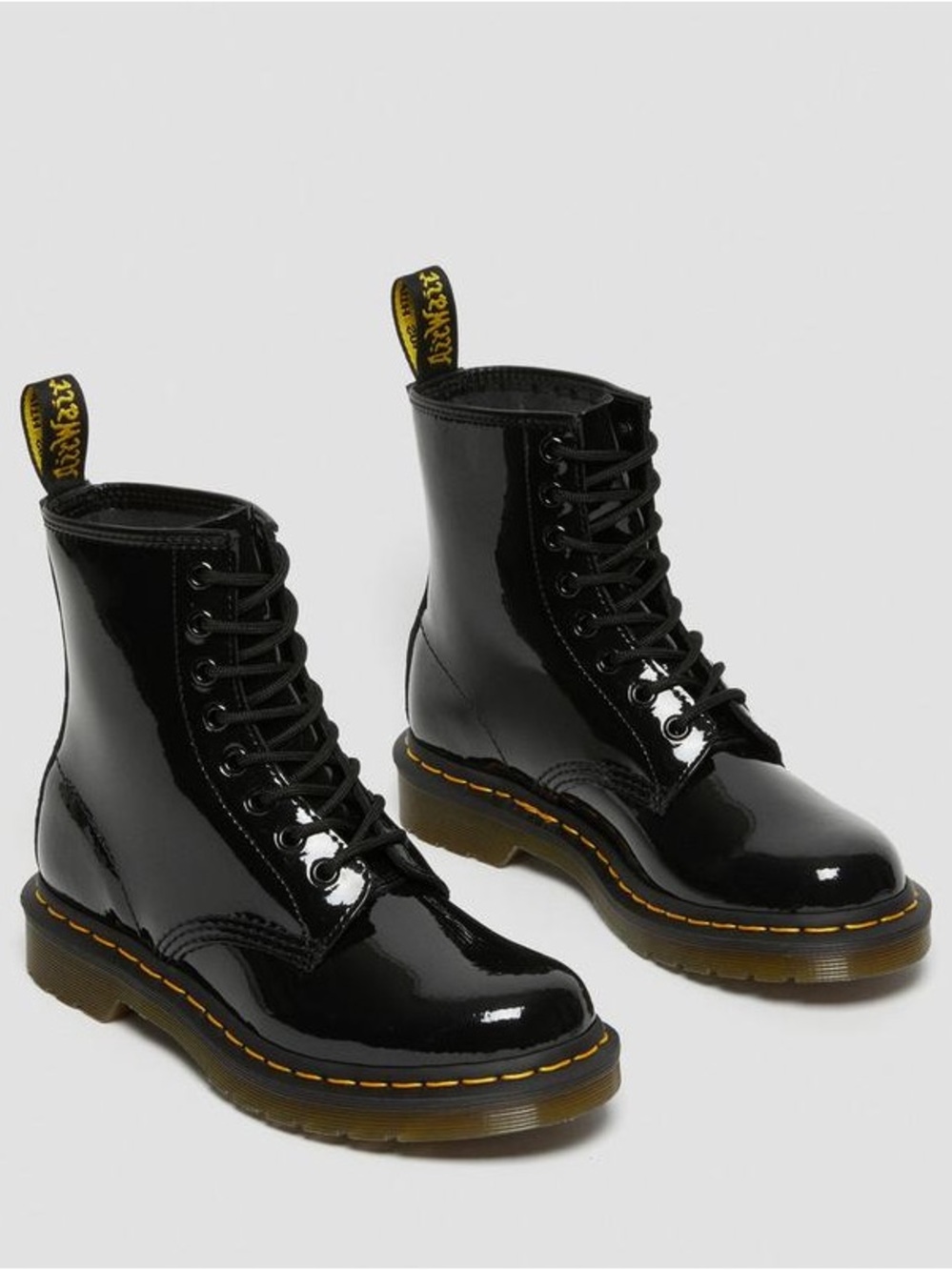 Dr. Martens Black Patent Lace-Up Combat Boots with Yellow Stitching